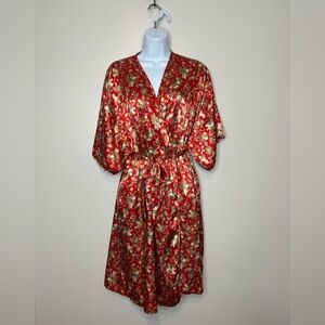 Barbizon Vtg Satin Red & Gold Floral Sati Kimono Robe Womens Sz Large Boho chic